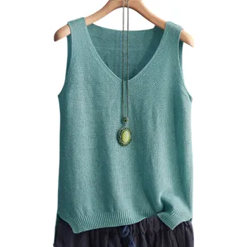Dámský pletený top bez rukávů s výstřihem do V Elegantní vzdušný úpletový tílko volného střihu Letní top do kanceláře i na volný čas modrá