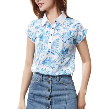 Dámská halenka Dámská bílá halenka s modrým květinovým potiskem Letní top s límečkem a krátkým rukávem Elegantní košilová halenka do práce i na volný čas XL