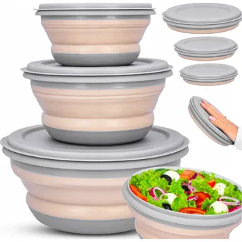 SILIKONOVÉ MISKY , skládací kuchyňská sada 3 ks s víkem, béžová, turistická