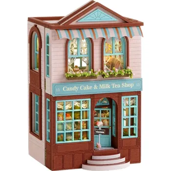 Dřevěná hračka Mini dřevěný domeček pro panenky 8,4 x 6,8 x 13 cm DIY model se světlem a nábytkem Ručně sestavitelná stavebnice Dekorace bez lepidla a baterií