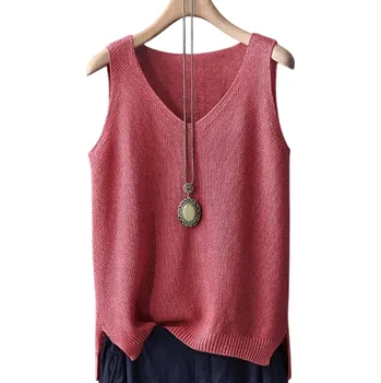 Dámský pletený top bez rukávů s výstřihem do V Elegantní vzdušný úpletový tílko volného střihu Letní top do kanceláře i na volný čas červená