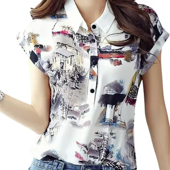 Dámská halenka Dámská bílá halenka s abstraktním akvarelovým potiskem Bílý límeček Krátký rukáv Elegantní letní top s knoflíky do práce i na volný čas XL