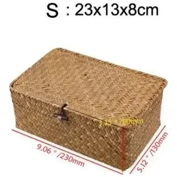 Úložný box Ručně pletený proutěný úložný koš s víkem | úložný box, koš na ručníky - S 23x13x8CM