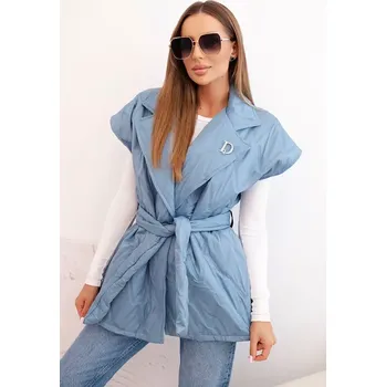 Dámská vesta Kesi Włoski Dámská prošívaná vesta s páskem a širokým límcem džínová Kesi Włoski modrá | bílá | světle modrá 3370554