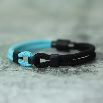 Náramek Dvoubarevný pletený náramek s magnetem | pánský náramek, náramek na ruku - Světle modrá černá , M 20,5 cm 8,1 palce