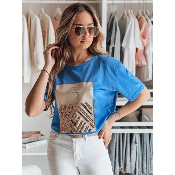 Dámské oblečení Modré tričko s potiskem flitrů CENTIA RY2613 Velikost: L/XL