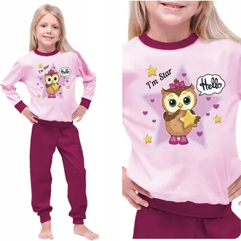 Dívčí pyžamo BAVLNĚNÉ DLOUHÉ DÍVČÍ PYŽAMO TEPLÉ NA ZIMU DLOUHÝ RUKÁV SOVA 98