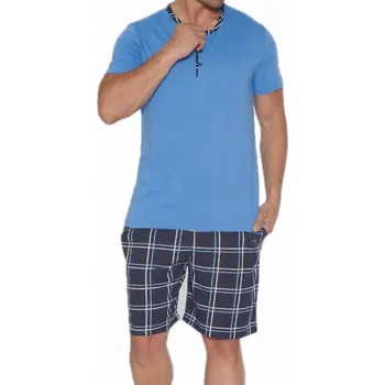 Pánské pyžamo Pánské pyžamo letní - modré tričko na knoflíky, kostkované šortky M