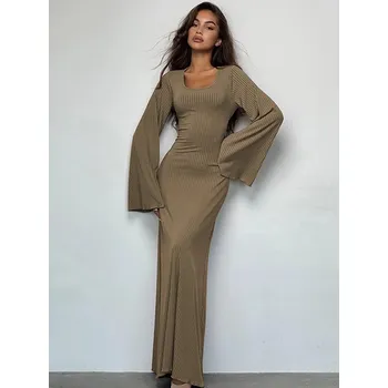 Dámské šaty Žebrované maxi šaty se zvonovými rukávy Barva: Khaki, Velikost: M