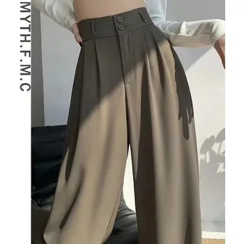 Dámské kalhoty Široké kancelářské kalhoty s vysokým pasem Barva: Kávová, Velikost: XL