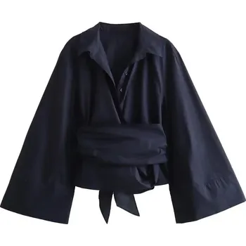 Dámský crop top s límečkem a velkou mašlí Barva: Černá, Velikost: L