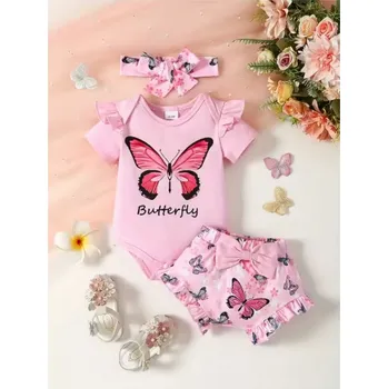 Kojenecká souprava Dívčí letní set (body + kraťásky + čelenka) - "motýlek", vel. 3-24 měsíců Barva: Růžová, Velikost: 3-6 měsíců