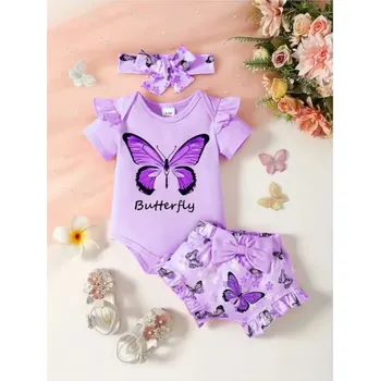 Kojenecká souprava Dívčí letní set (body + kraťásky + čelenka) - "motýlek", vel. 3-24 měsíců Barva: Fialová, Velikost: 6-9 měsíců