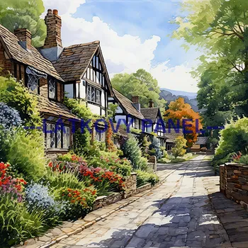 Látkový panel - Krajinka s domem - KR-35 Velikost: 30x30cm, Materiál: Bavlna