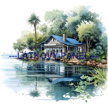 Látkový panel - Dům u vody - KR-25 Velikost: 30x30cm, Materiál: Bavlna