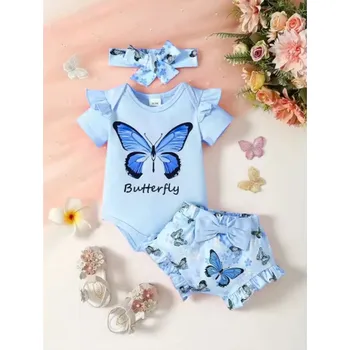 Kojenecká souprava Dívčí letní set (body + kraťásky + čelenka) - "motýlek", vel. 3-24 měsíců Barva: modrá, Velikost: 9-12 měsíců