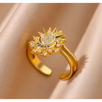 Prsten B-TOP Otevřený prsten z pozlacené nerezové oceli se zirkonovým sluncem a měsícem