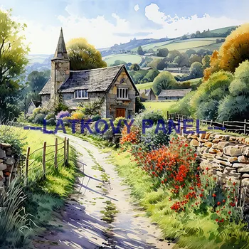 Látkový panel - Krajinka s domem - KR-26 Velikost: 35x35cm, Materiál: Bavlna