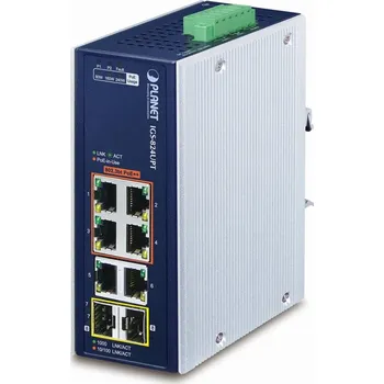 Síťový prvek PLANET Průmyslový PoE switch, 6x1Gb + 2x1Gb SFP, 4x PoE 802.3bt 90/240W, -40až75°C, dual 48-54VDC, IP30, fanless