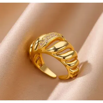 Prsten B-TOP Dámský pozlacený nerezový prsten s vlnitým designem a zirkony