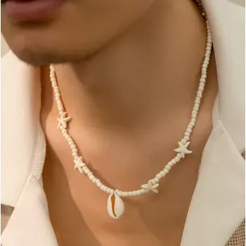 Náhrdelník B-TOP Pánský náhrdelník ze smetanových korálků s přívěsky hvězdice a ulity