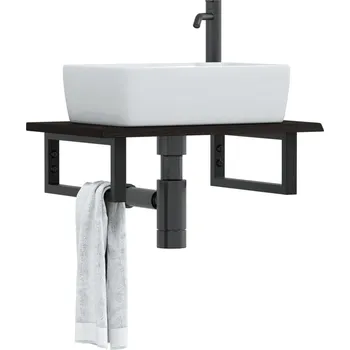 Koupelnový nábytek vidaXL Deska pod umyvadlo nástěnná ocel a masivní dubové dřevo [3302561] Barva: tmavě hnědá a černá