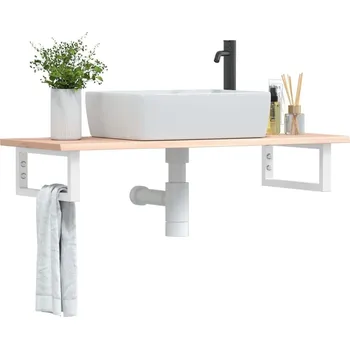 Koupelnový nábytek vidaXL Deska pod umyvadlo nástěnná ocel a masivní dubové dřevo [3302589] Barva: Hnědá a bílá