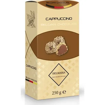 Bonboniéra Selllot, s.r.o., K Hájům 34, 155 00 Praha 5 - Vyrobeno v Belgii Belmaria lanýže mléčné Cappuccino s hoblinkami z bílé čokolády (zlatý obal) 250g