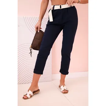 Dámské kalhoty Kesi Dámské viskózové kalhoty ART3922 s páskem a ohrnutými nohavicemi - výprodej Barva: Modrá - tmavě, Velikost: UNI