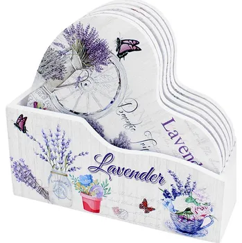 Sklenice Podložky pod sklenice Lavender srdíčko (Dřevěné podložky pod sklenice 3 motívy, 6 podložek v balení)