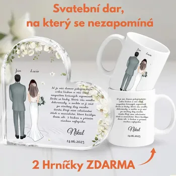 Plakát Akrylový plak - Svatební dar + 2 Hrničky ZDARMA 20 cm x 20 cm + stojanem
