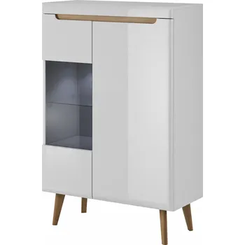 Komoda Vitrína bílá lesklá matná, moderní s LED osvětlením 90x40x134 cm