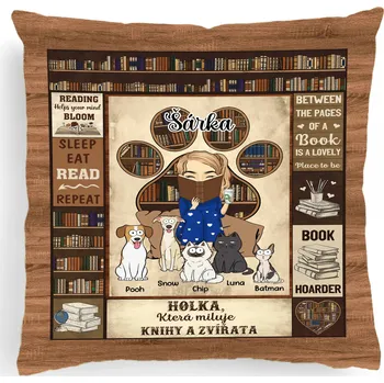 Polštář Polštář - Holka, která miluje knihy a zvířata - az 5 mazlíčky 40cm x 40cm