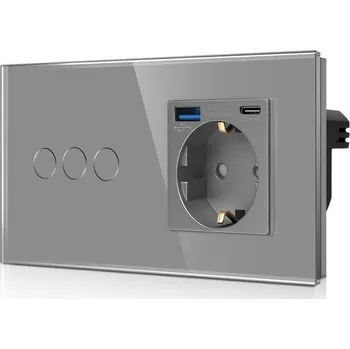 CNBINGO Skleněný vypínač světla a USB zásuvka Schuko pro zapuštěnou montáž (typ C a typ A 3,1 A /