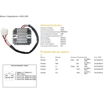 Elektroinstalace pro motocykl DZE REGULÁTOR NAPĚTÍ YAMAHA FZS 600 FAZER '98-'99; TDM 850 '93-'96; XVZ 1300 '96-'01 (35A) (ESR360)