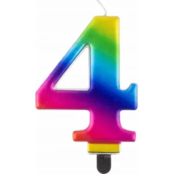 Dortová svíčka SVÍČKA K NAROZENINÁM číslice 4 dekorace na dort 8 cm DUHOVÁ metalická