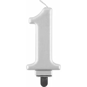 Dortová svíčka SVÍČKA na ROČEK číslo 1 NAROZENINOVÁ na dort STŘÍBRNÁ metalická 8,0 cm