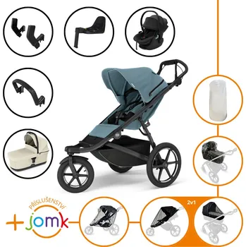 Kočárek Set 11v1 Thule Urban Glide 3 Mid blue s magnetickou sponou + madlo + korbička Soft beige + příslušenství JOMK + autosedačka Thule Maple Black s ISOFIX základnou Thule Alfi a adaptéry