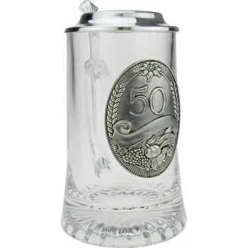 Sklenice Půllitr s cínovým víkem a číslicí "50" (Skleněný půllitr s cínovým víkem)