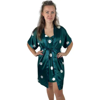 Dámská noční košile Saténová noční košilka se županem - SMARAGDOVÁ s bílými puntíky