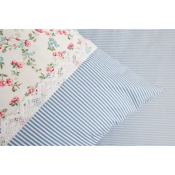 Povlečení Podpěrová s.r.o. Krepové povlečení VIVIANE s modrým proužkem S KRAJKOU Velikost: 140x200 (1x), 70x90 cm krajka (1x)