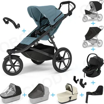 Kočárek Set 10v1 Thule Urban Glide 3 Mid blue s magnetickou sponou + madlo + korbička Soft beige + pláštěnky a moskytiéry Thule + Autosedačka Thule Maple Black s ISOFIX základnou Thule Alfi a adaptéry