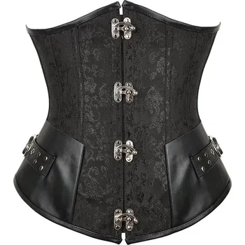 Korzet Černý korzet v "Gotic" stylu - brokátový Varianta: černá s koženými boky 4, Velikost: XXXL