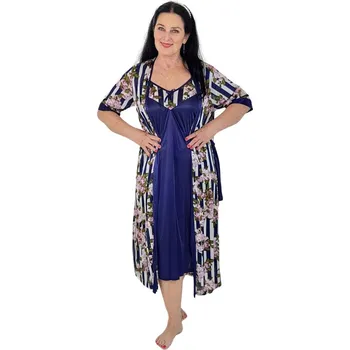 Dámská noční košile Saténová noční sada-košilka, župan a kalhotky- modrá s pruhy Velikost: M