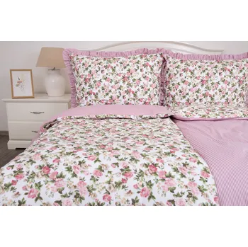 Povlečení Podpěrová s.r.o. Bavlněné povlečení RŮŽE RUSTIKÁL / pruh růžový S KANÝREM Velikost: 140x220 (1x), 70x90 cm kanýr (1x)