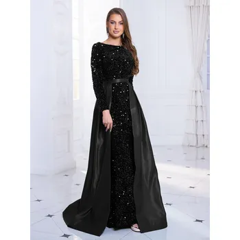 Dámské šaty Áčkové šaty s vlečkou a dlouhými rukávy Barva: Černá, Velikost: S