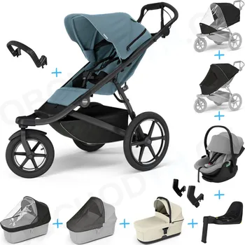 Kočárek Set 10v1 Thule Urban Glide 3 Mid blue s magnetickou sponou + madlo + korbička Soft beige + pláštěnky a moskytiéry Thule + Autosedačka Thule Maple Light Gray s ISOFIX základnou Thule Alfi a adaptéry