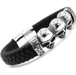 Steel Jewelry pánský černý kožený náramek s kombinací chirurgické oceli lebky 231025