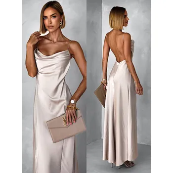 Dámské šaty Krémové dlouhé saténové šaty UNUTA na ramínka Velikost: ONESIZE