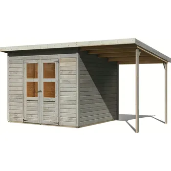 Zahradní domek KARIBU HOLZTECHNIK Dřevěný domek KARIBU MERSEBURG 6 + přístavek 166 cm (10248) světle šedý LG4441